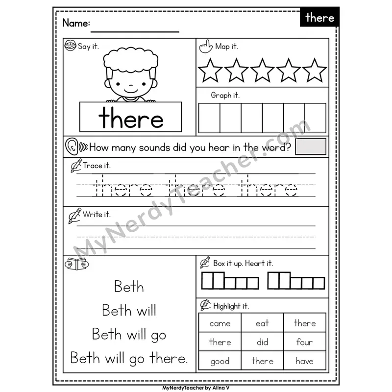 Sight Word Worksheet — there | Heart Word Practice with Mapping & Tracing | Editable PowerPoint