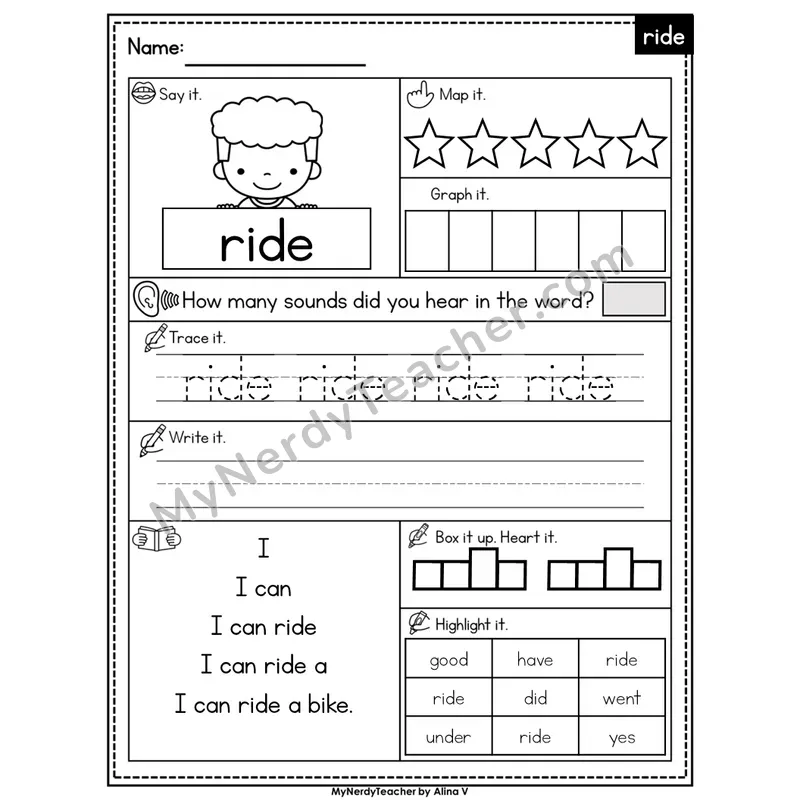 Sight Word Worksheet — ride | Heart Word Practice with Mapping & Tracing | Editable PowerPoint
