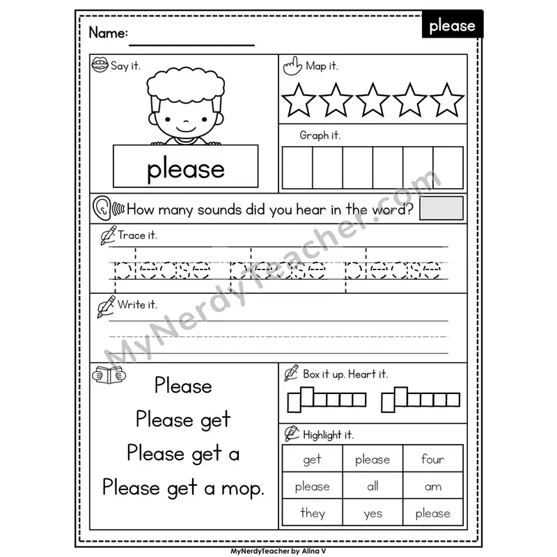 Sight Word Worksheet — please | Heart Word Practice with Mapping & Tracing | Editable PowerPoint