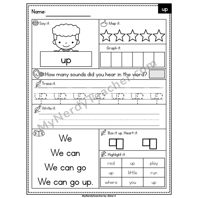 Sight Word Worksheet — up | Heart Word Practice with Mapping & Tracing | Editable PowerPoint