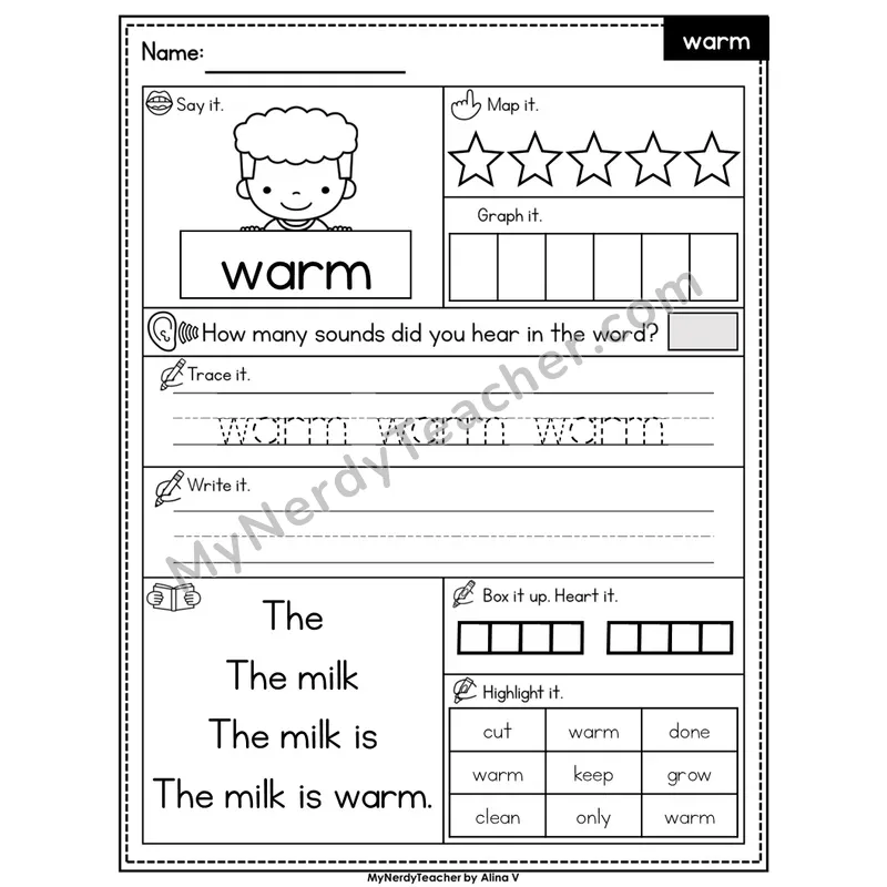Sight Word Worksheet — warm | Heart Word Practice with Mapping & Tracing | Editable PowerPoint