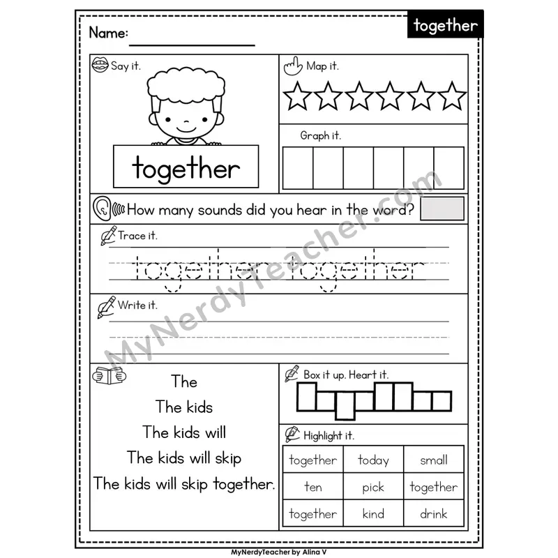 Sight Word Worksheet — together | Heart Word Practice with Mapping & Tracing | Editable PowerPoint