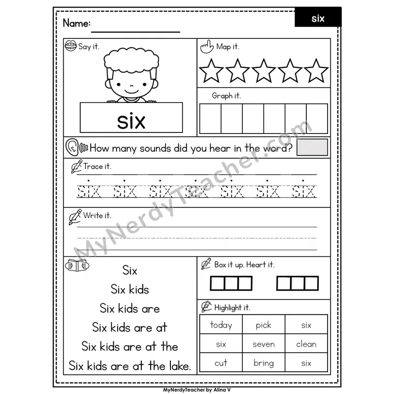 Sight Word Worksheet — six | Heart Word Practice with Mapping & Tracing | Editable PowerPoint