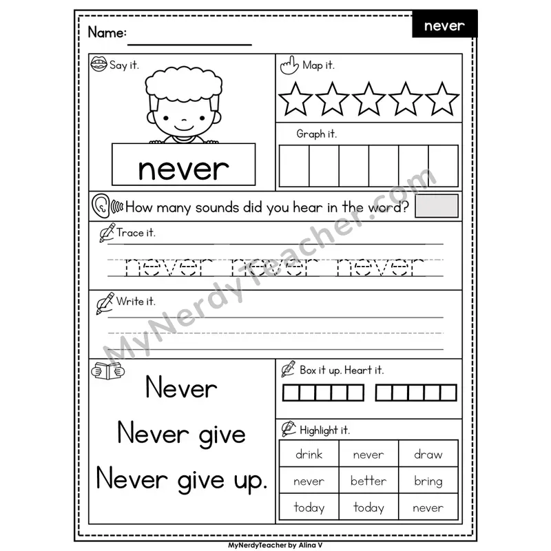 Sight Word Worksheet — never | Heart Word Practice with Mapping & Tracing | Editable PowerPoint