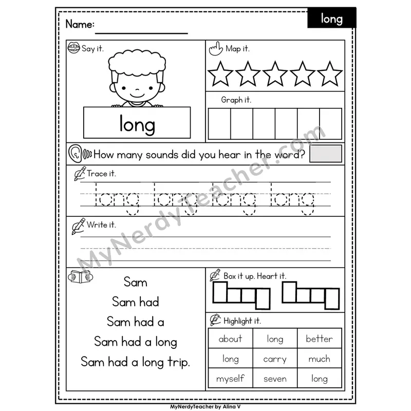 Sight Word Worksheet — long | Heart Word Practice with Mapping & Tracing | Editable PowerPoint