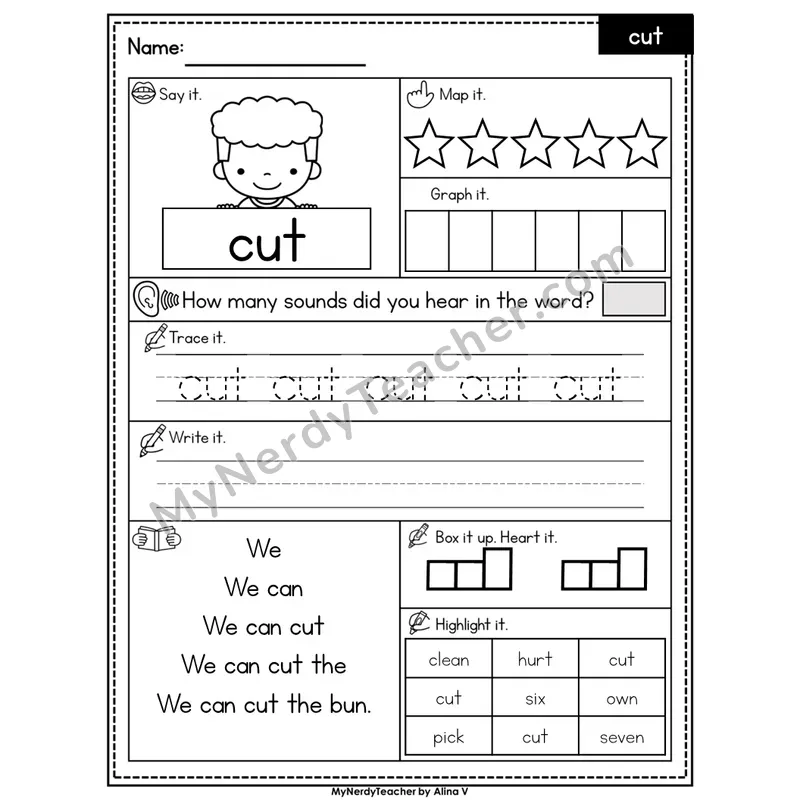 Sight Word Worksheet — cut | Heart Word Practice with Mapping & Tracing | Editable PowerPoint