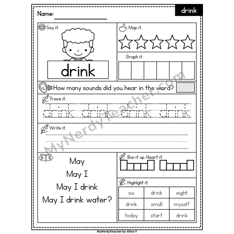 Sight Word Worksheet — drink | Heart Word Practice with Mapping & Tracing | Editable PowerPoint