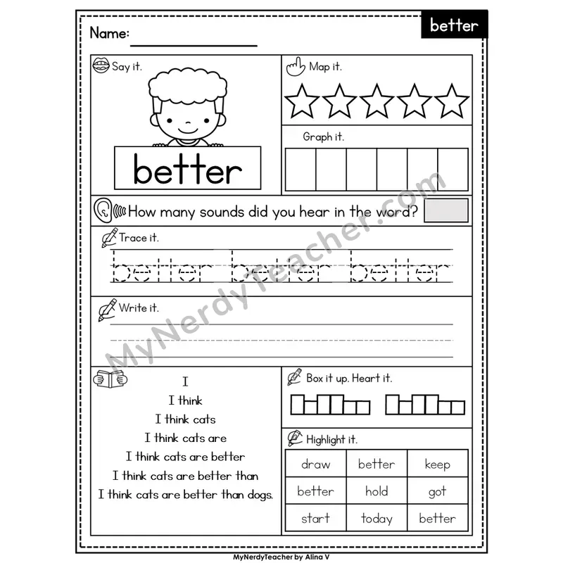 Sight Word Worksheet — better | Heart Word Practice with Mapping & Tracing | Editable PowerPoint