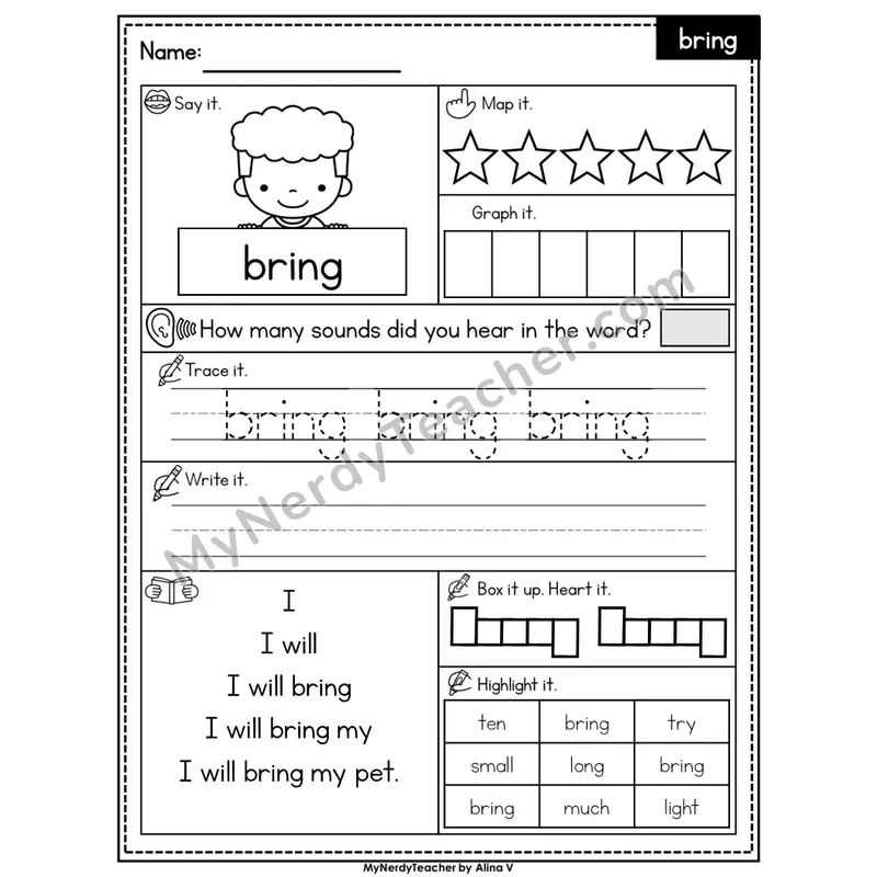 Sight Word Worksheet — bring | Heart Word Practice with Mapping & Tracing | Editable PowerPoint