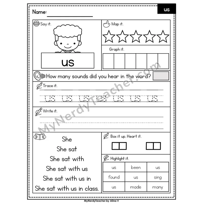 Sight Word Worksheet — us | Heart Word Practice with Mapping & Tracing | Editable PowerPoint