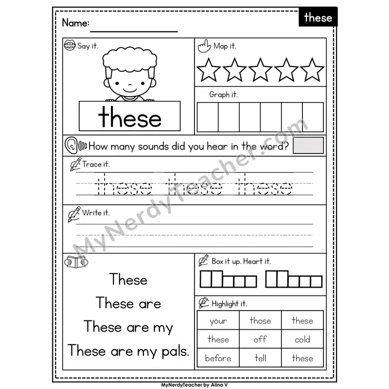 Sight Word Worksheet — these | Heart Word Practice with Mapping & Tracing | Editable PowerPoint