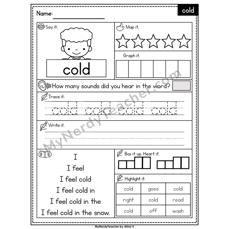 Sight Word Worksheet — cold | Heart Word Practice with Mapping & Tracing | Editable PowerPoint
