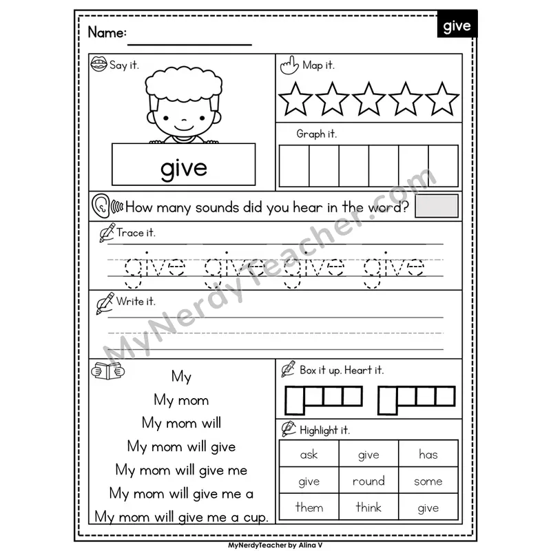 Sight Word Worksheet — give | Heart Word Practice with Mapping & Tracing | Editable PowerPoint