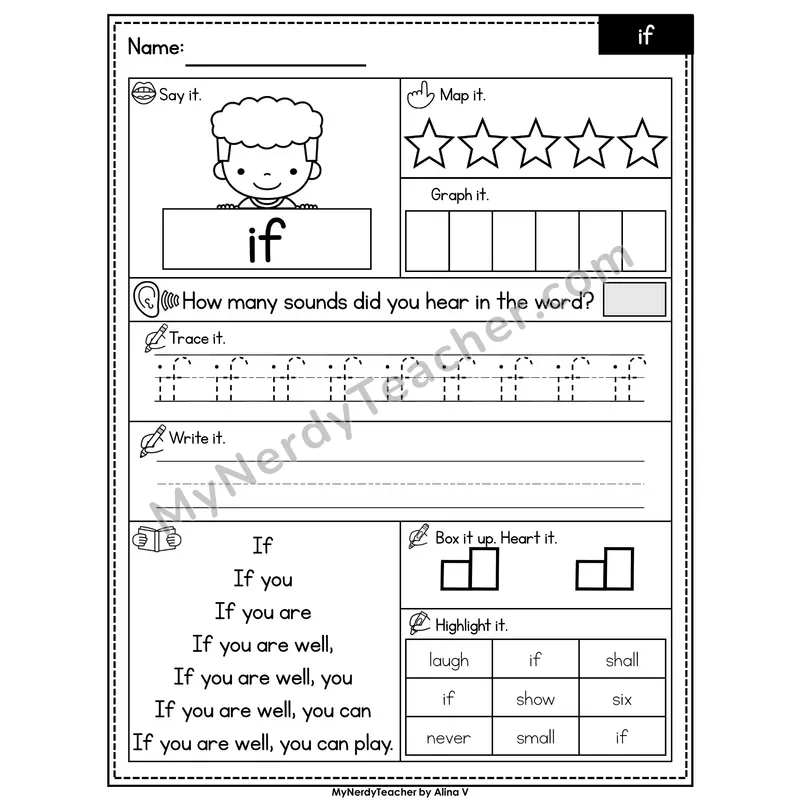 Sight Word Worksheet — if | Heart Word Practice with Mapping & Tracing