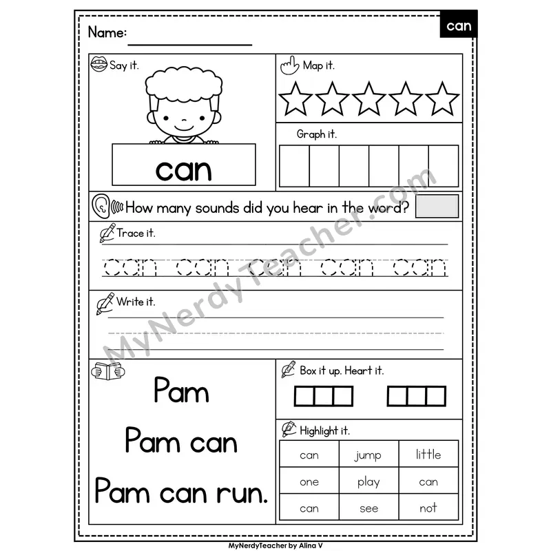 Sight Word Worksheet — can | Heart Word Practice with Mapping & Tracing