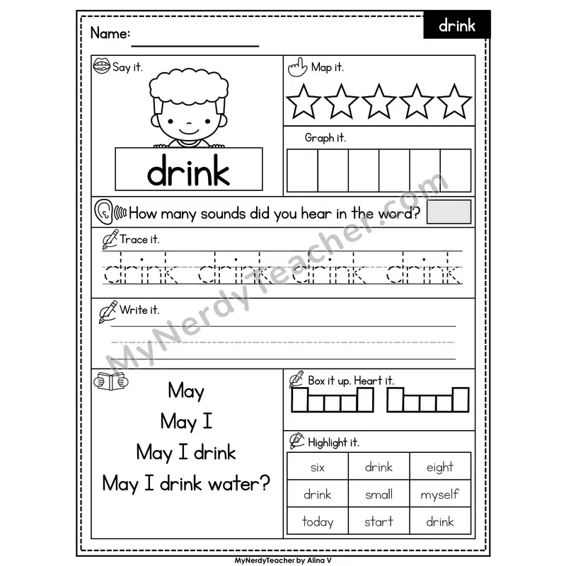 Sight Word Worksheet — drink | Heart Word Practice with Mapping & Tracing