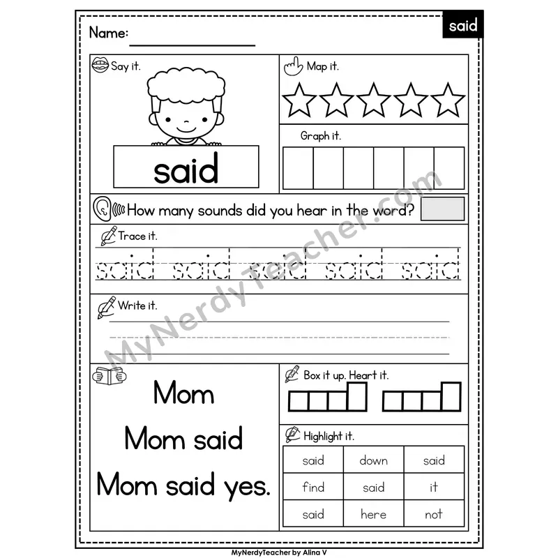 Sight Word Worksheet — said | Heart Word Practice with Mapping & Tracing