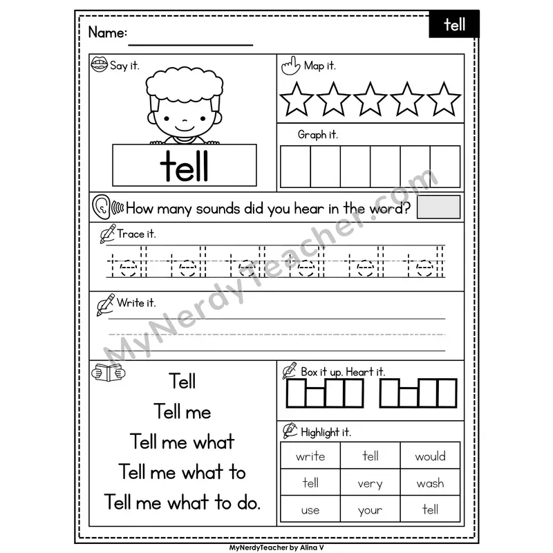 Sight Word Worksheet — tell | Heart Word Practice with Mapping & Tracing