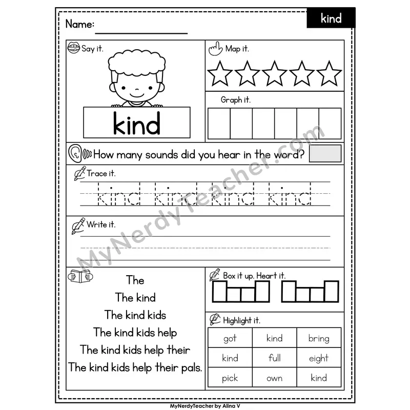 Sight Word Worksheet — kind | Heart Word Practice with Mapping & Tracing
