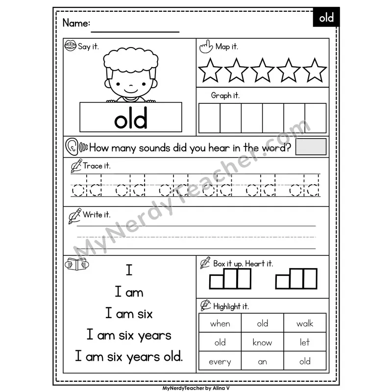 Sight Word Worksheet — old | Heart Word Practice with Mapping & Tracing