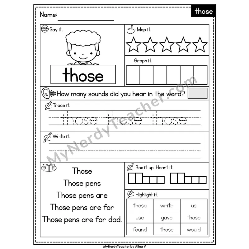 Sight Word Worksheet — those | Heart Word Practice with Mapping & Tracing