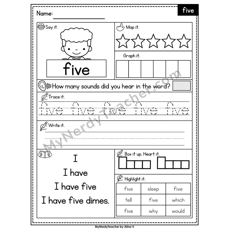 Sight Word Worksheet — five | Heart Word Practice with Mapping & Tracing