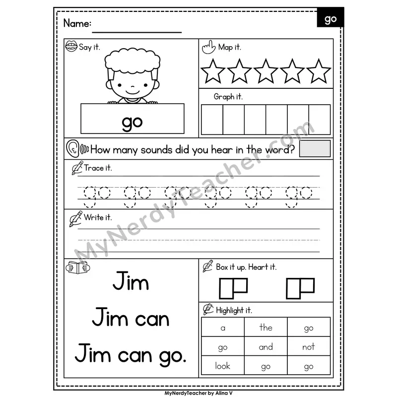 Sight Word Worksheet — go | Heart Word Practice with Mapping & Tracing