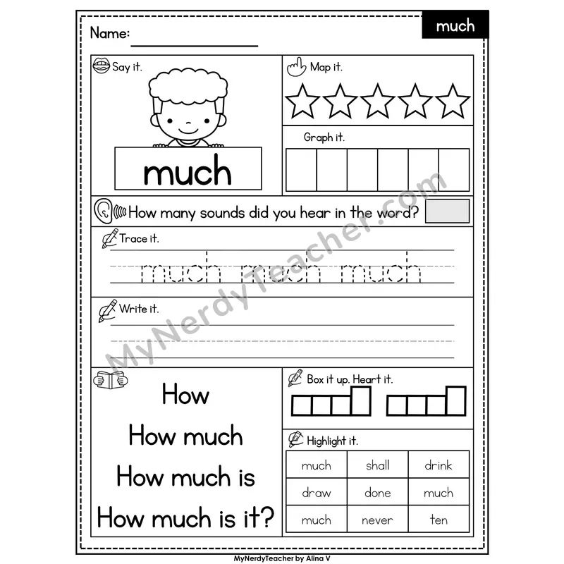 Sight Word Worksheet — much | Heart Word Practice with Mapping & Tracing