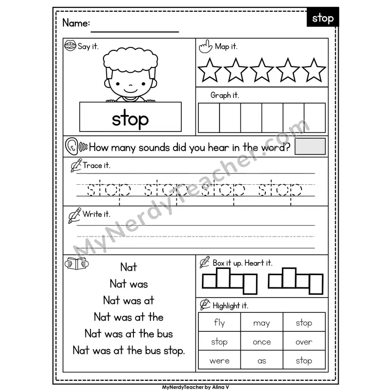 Sight Word Worksheet — stop | Heart Word Practice with Mapping & Tracing