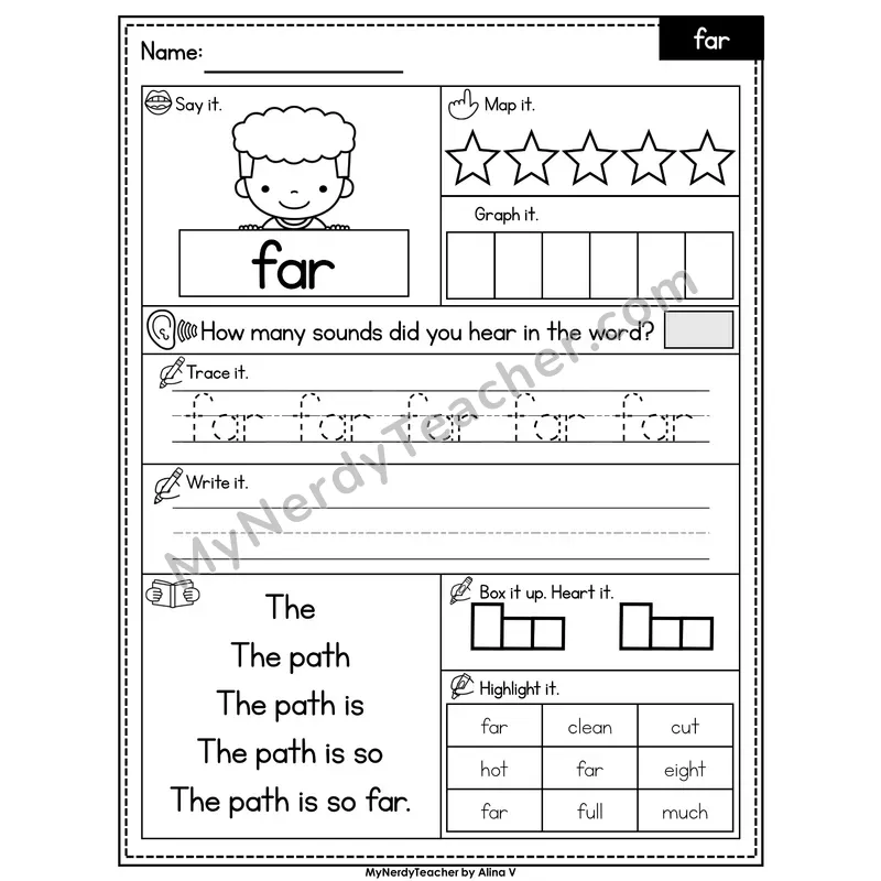 Sight Word Worksheet — far | Heart Word Practice with Mapping & Tracing
