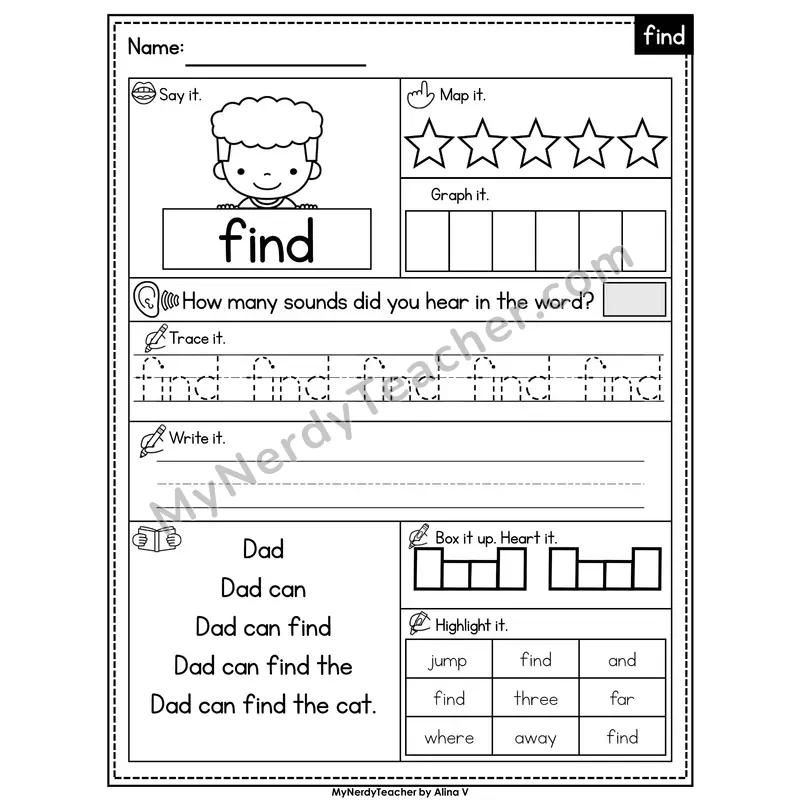 Sight Word Worksheet — find | Heart Word Practice with Mapping & Tracing