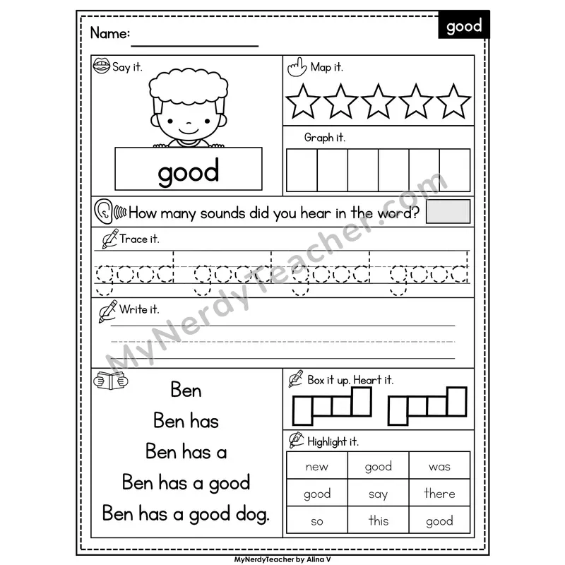 Sight Word Worksheet — good | Heart Word Practice with Mapping & Tracing