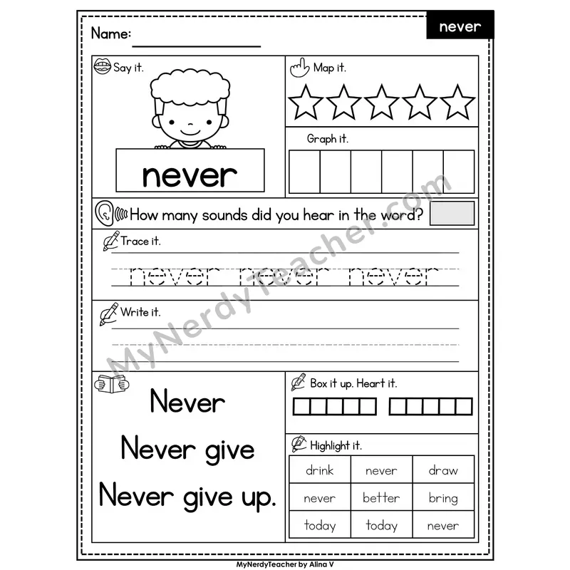 Sight Word Worksheet — never | Heart Word Practice with Mapping & Tracing