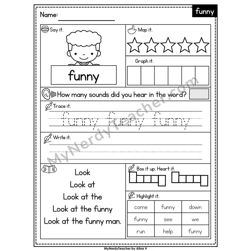 Sight Word Worksheet — funny | Heart Word Practice with Mapping & Tracing