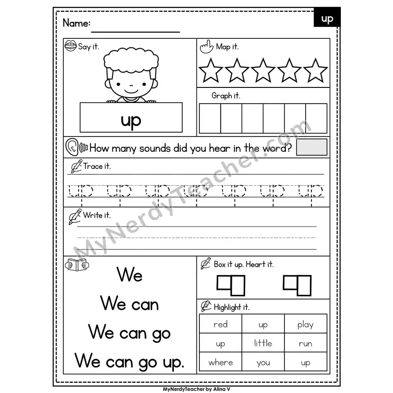 Sight Word Worksheet — up | Heart Word Practice with Mapping & Tracing