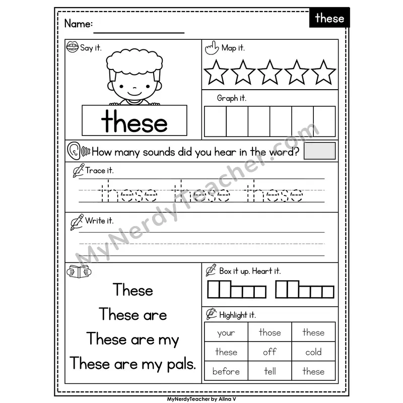 Sight Word Worksheet — these | Heart Word Practice with Mapping & Tracing