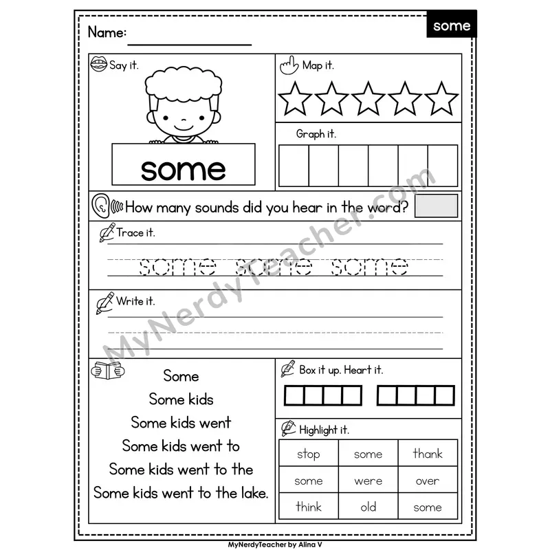 Sight Word Worksheet — some | Heart Word Practice with Mapping & Tracing