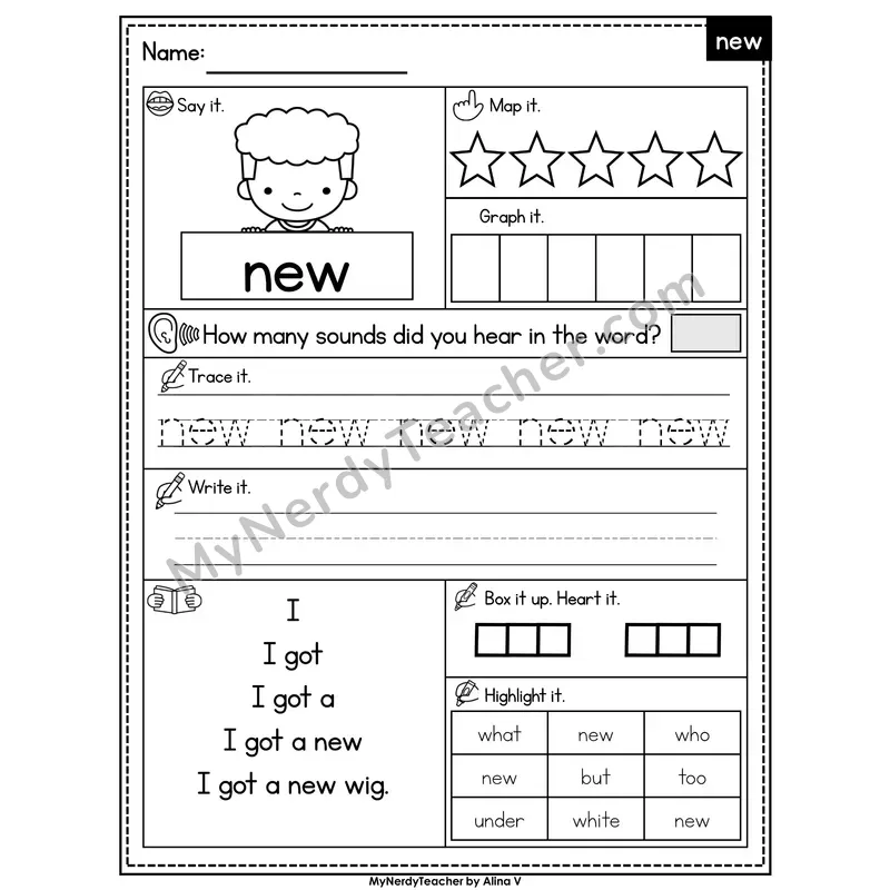 Sight Word Worksheet — new | Heart Word Practice with Mapping & Tracing