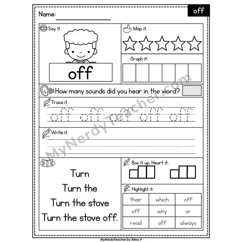 Sight Word Worksheet — off | Heart Word Practice with Mapping & Tracing