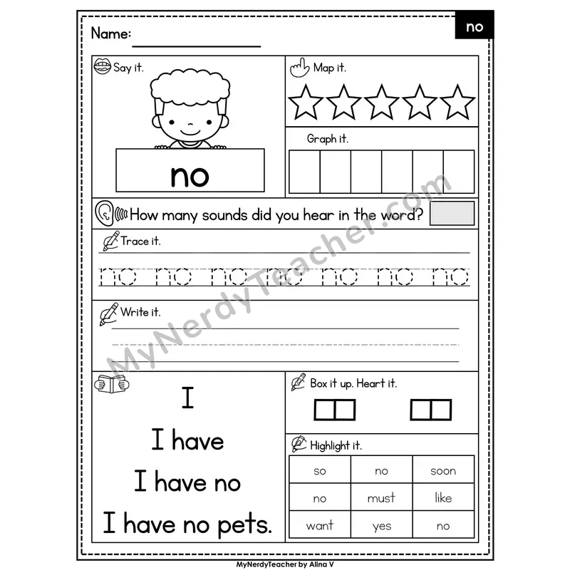 Sight Word Worksheet — no | Heart Word Practice with Mapping & Tracing