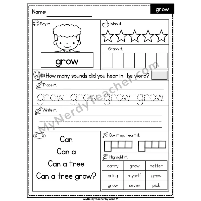 Sight Word Worksheet — grow | Heart Word Practice with Mapping & Tracing
