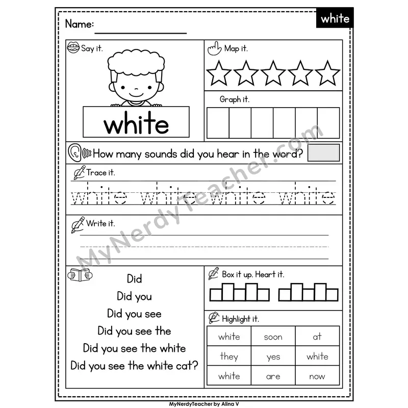 Sight Word Worksheet — white | Heart Word Practice with Mapping & Tracing