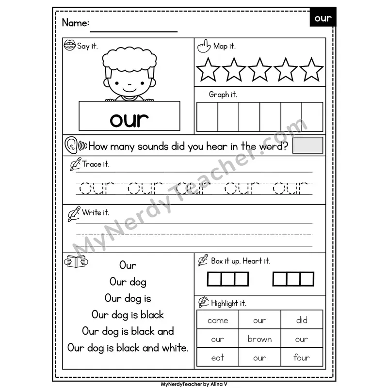 Sight Word Worksheet — our | Heart Word Practice with Mapping & Tracing