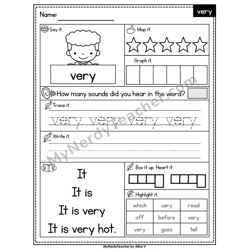 Sight Word Worksheet — very | Heart Word Practice with Mapping & Tracing
