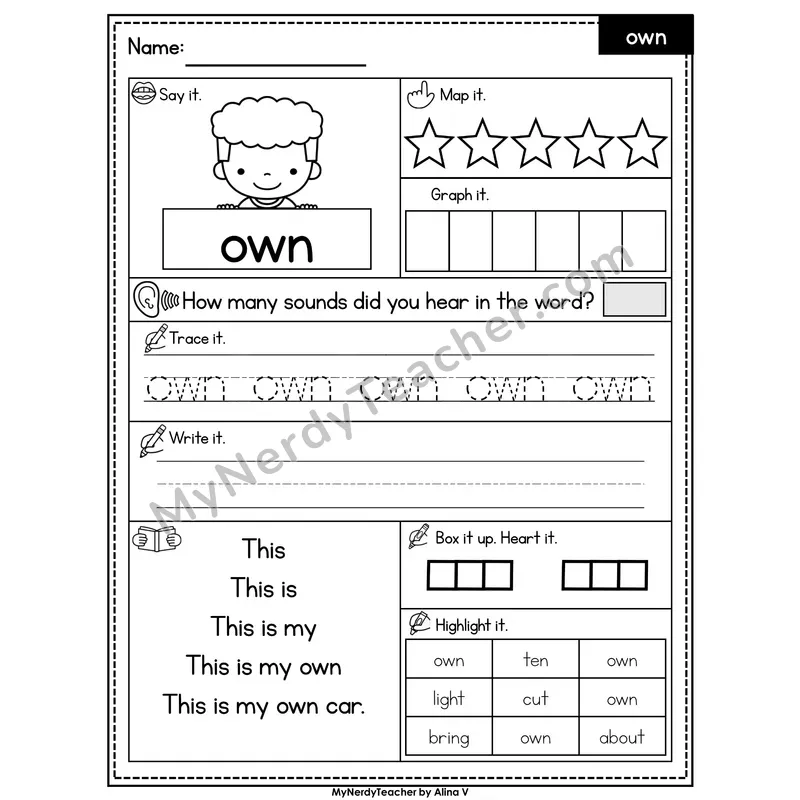 Sight Word Worksheet — own | Heart Word Practice with Mapping & Tracing