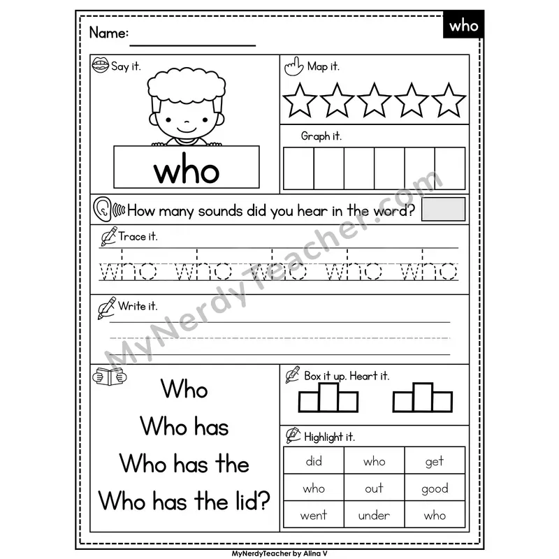 Sight Word Worksheet — who | Heart Word Practice with Mapping & Tracing