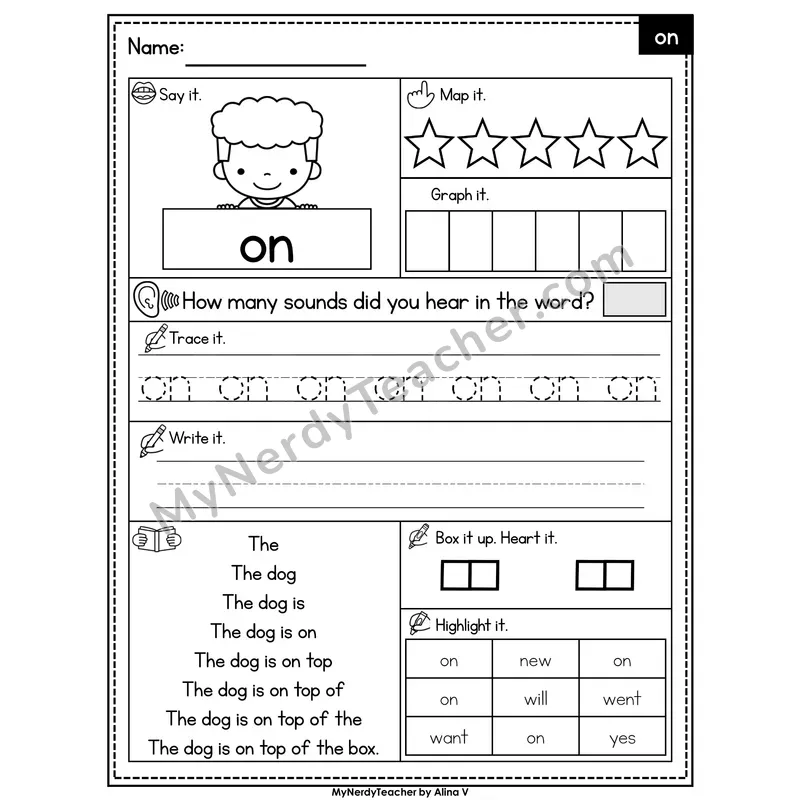 Sight Word Worksheet — on | Heart Word Practice with Mapping & Tracing