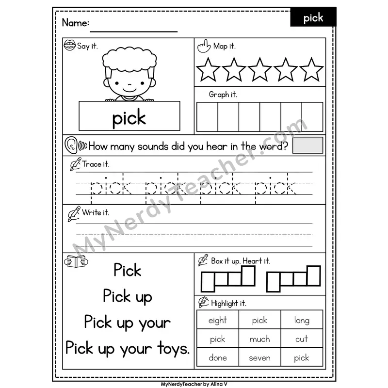 Sight Word Worksheet — pick | Heart Word Practice with Mapping & Tracing