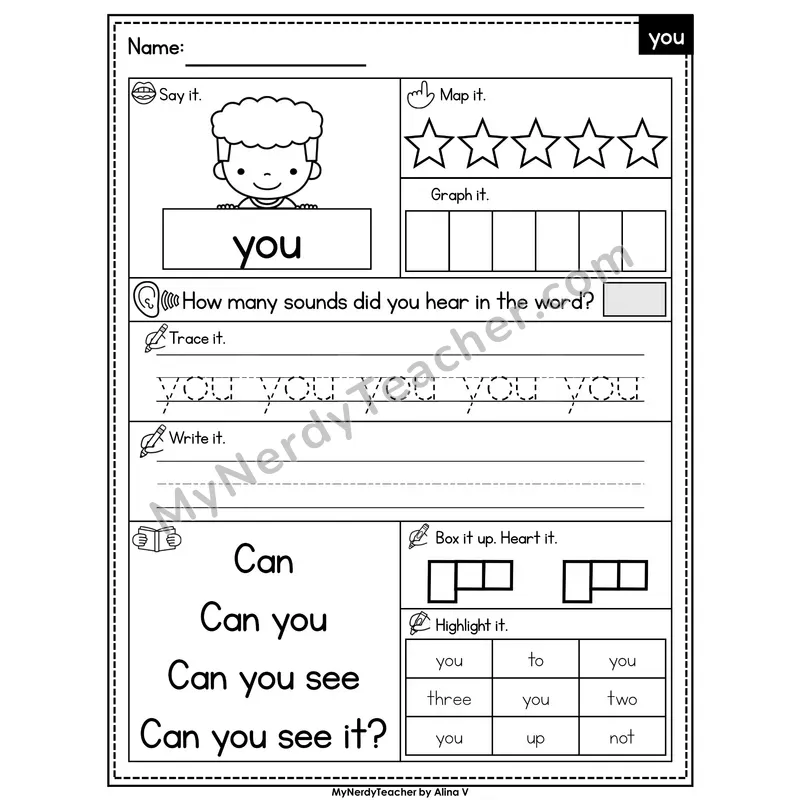 Sight Word Worksheet — you | Heart Word Practice with Mapping & Tracing