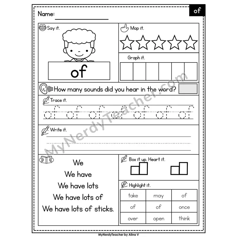 Sight Word Worksheet — of | Heart Word Practice with Mapping & Tracing